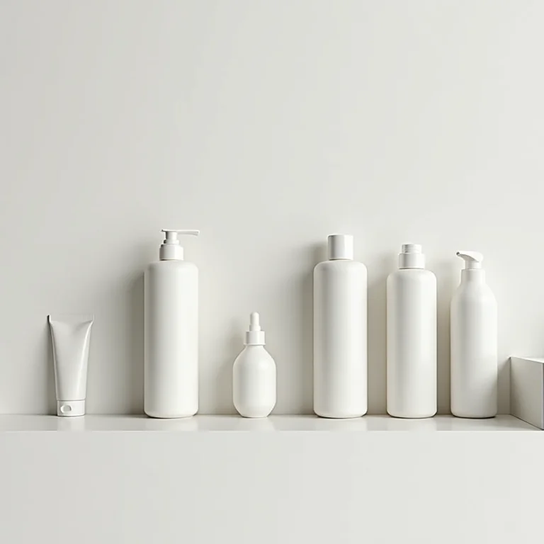 Produtos capilares alinhados em uma prateleira.