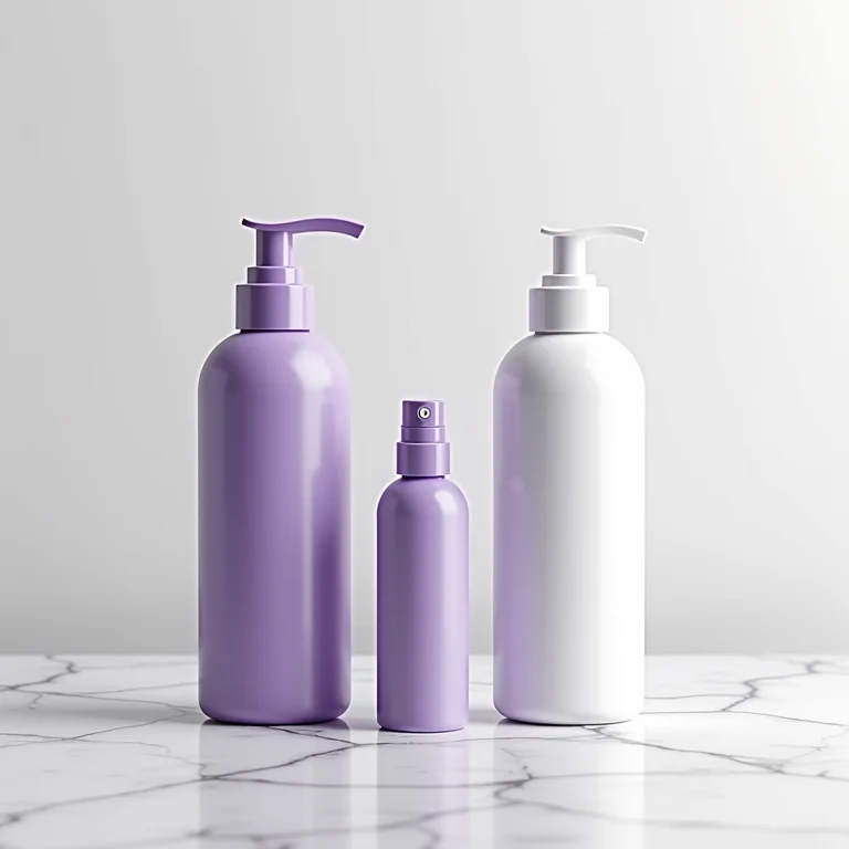 Produtos para cabelos quimicamente tratados: shampoo roxo, condicionador e leave-in.