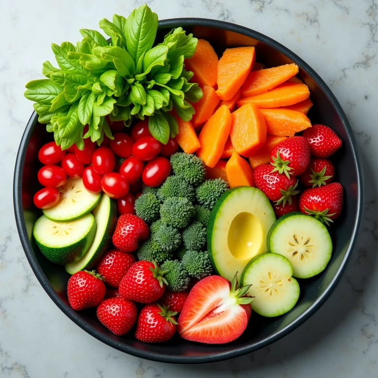 Refeição colorida e saudável com frutas, legumes e proteínas