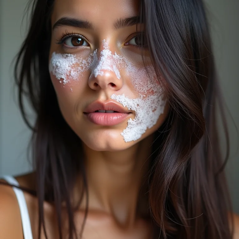 Resíduo branco de shampoo a seco em cabelo escuro.