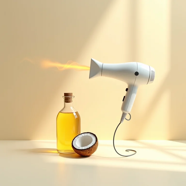 Secador de cabelo apontando para óleo de coco