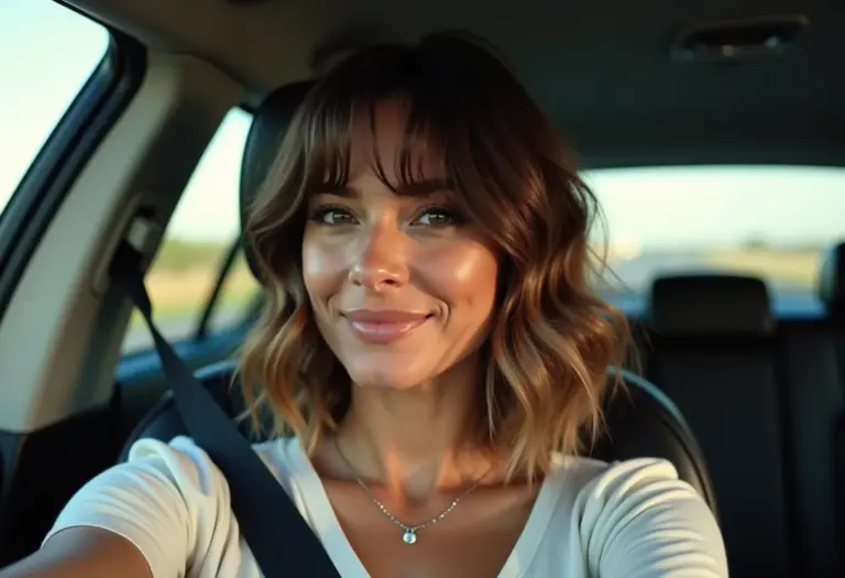 Selfie de mulher brasileira dentro do carro exibindo chanel de bico com franja