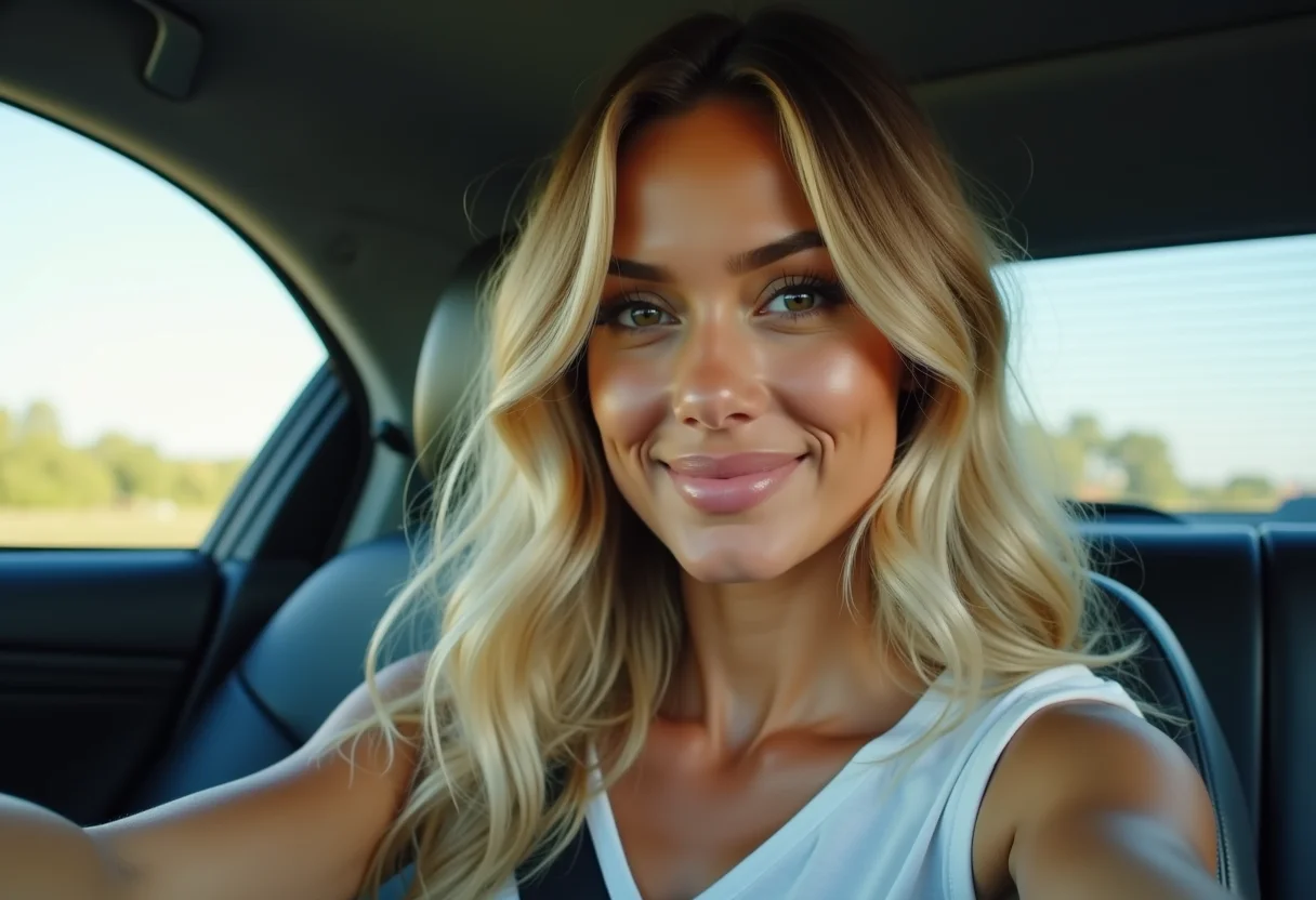 Selfie de mulher loira dentro do carro, verificando a cor do cabelo no espelho retrovisor.