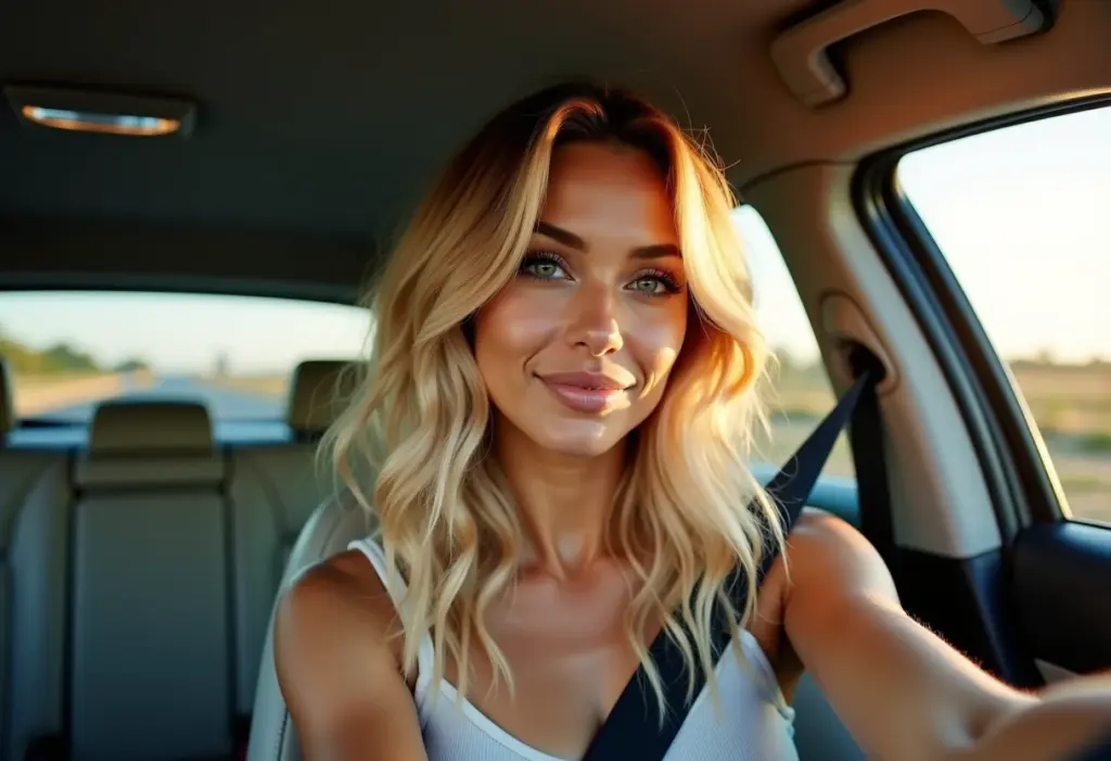 Selfie de mulher loira no carro verificando os cabelos ondulados e brilhosos