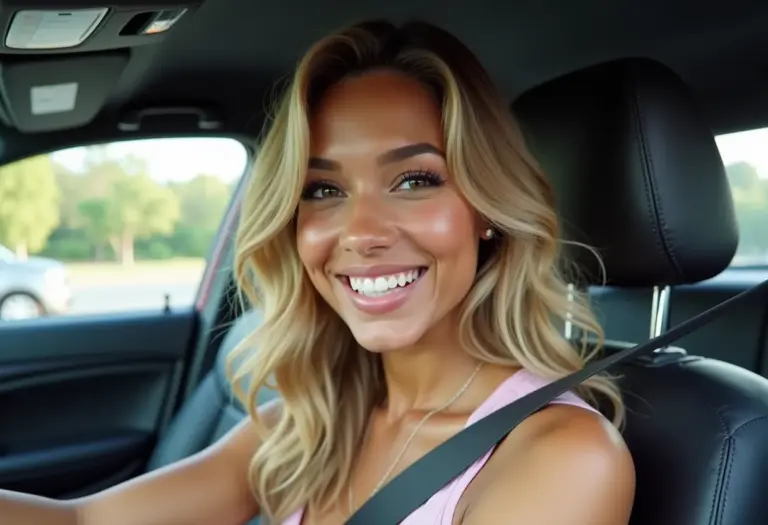 Selfie de mulher no carro com cabelo loiro e ondulado