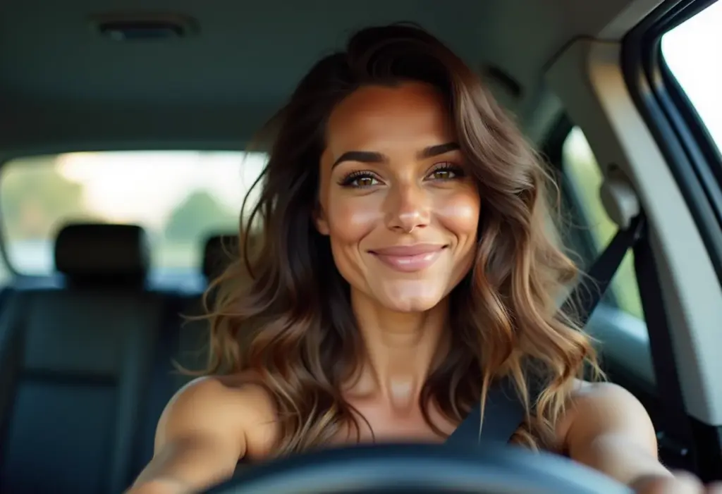 Selfie de mulher no carro com sobrancelhas bem cuidadas.