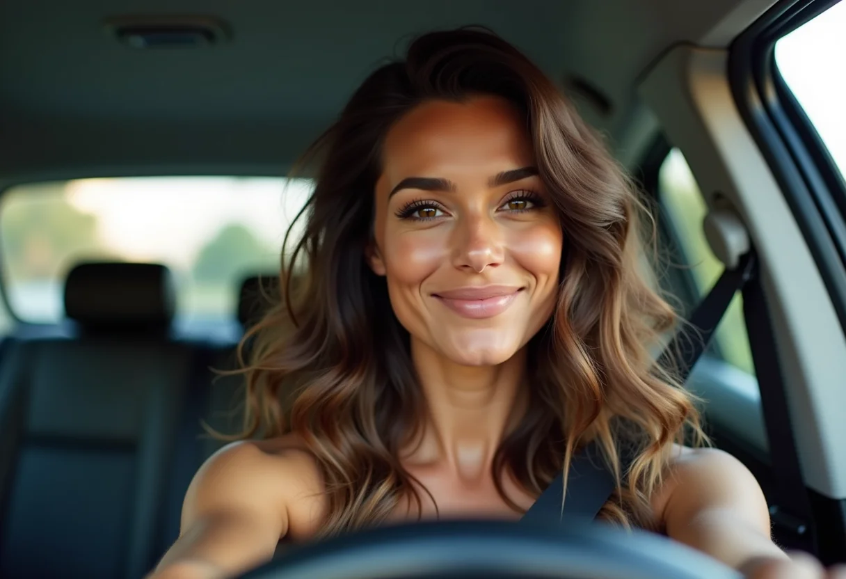 Selfie de mulher no carro com sobrancelhas bem cuidadas.