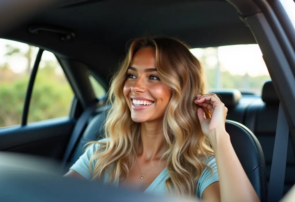Selfie de mulher no carro exibindo cabelo bem cuidado
