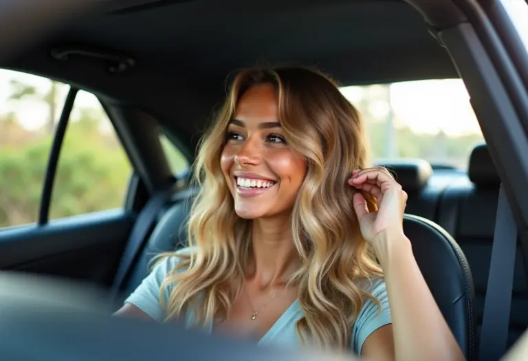 Selfie de mulher no carro exibindo cabelo bem cuidado