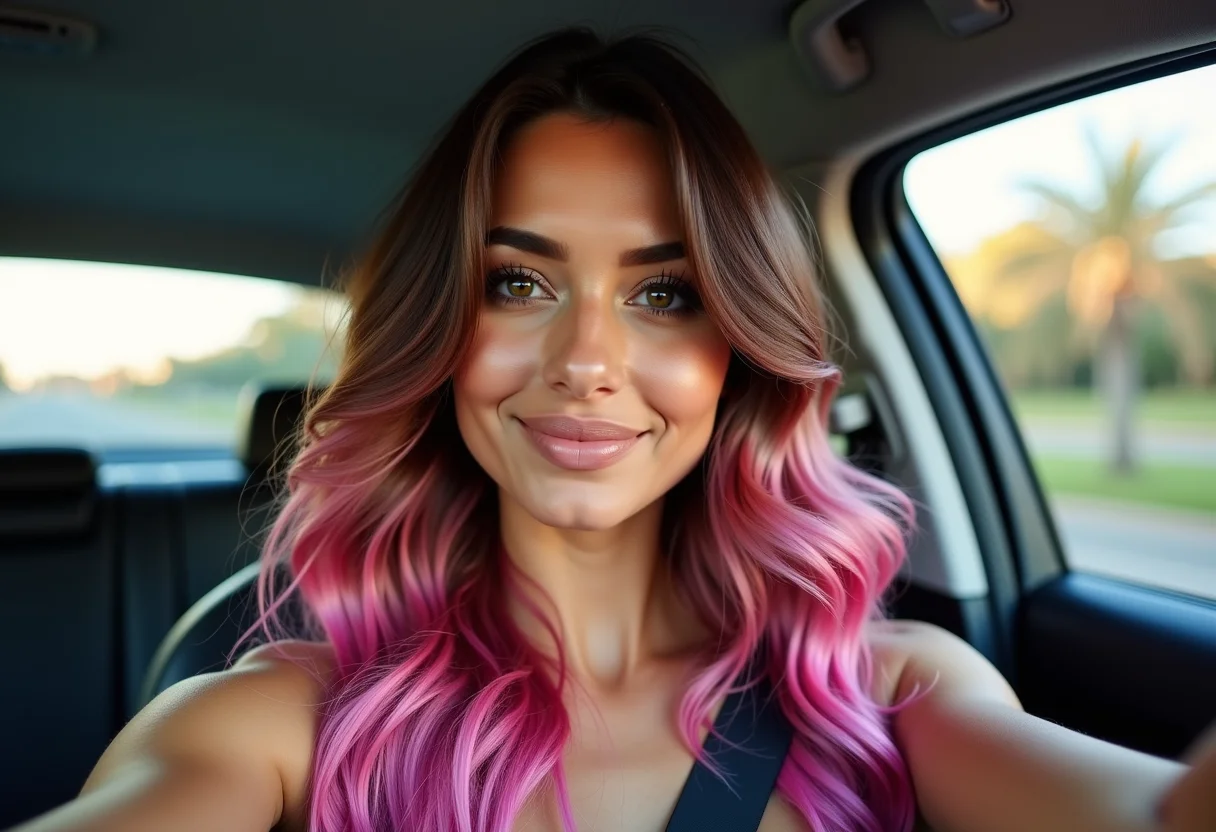 Selfie de mulher no carro exibindo pontas coloridas rosa