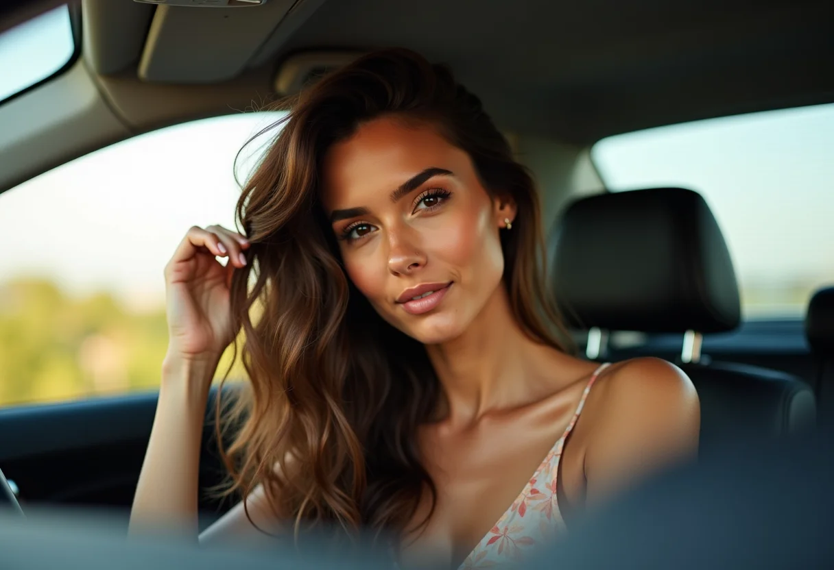 Selfie de mulher no carro verificando o cabelo brilhante após umectação noturna