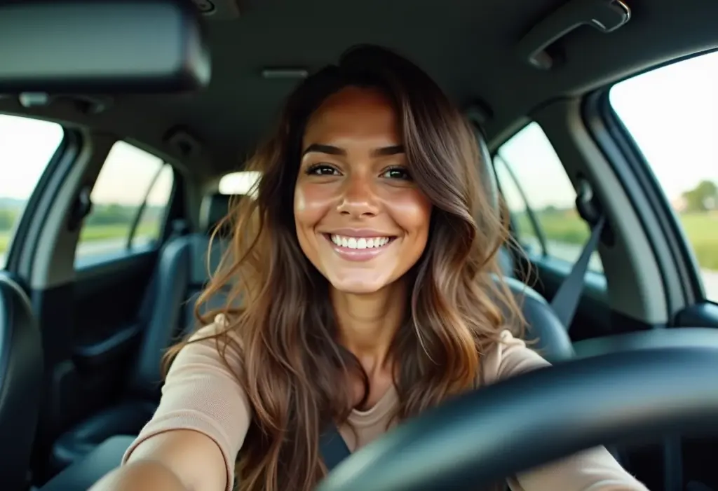 Selfie de mulher sorrindo no carro com cabelo impecável