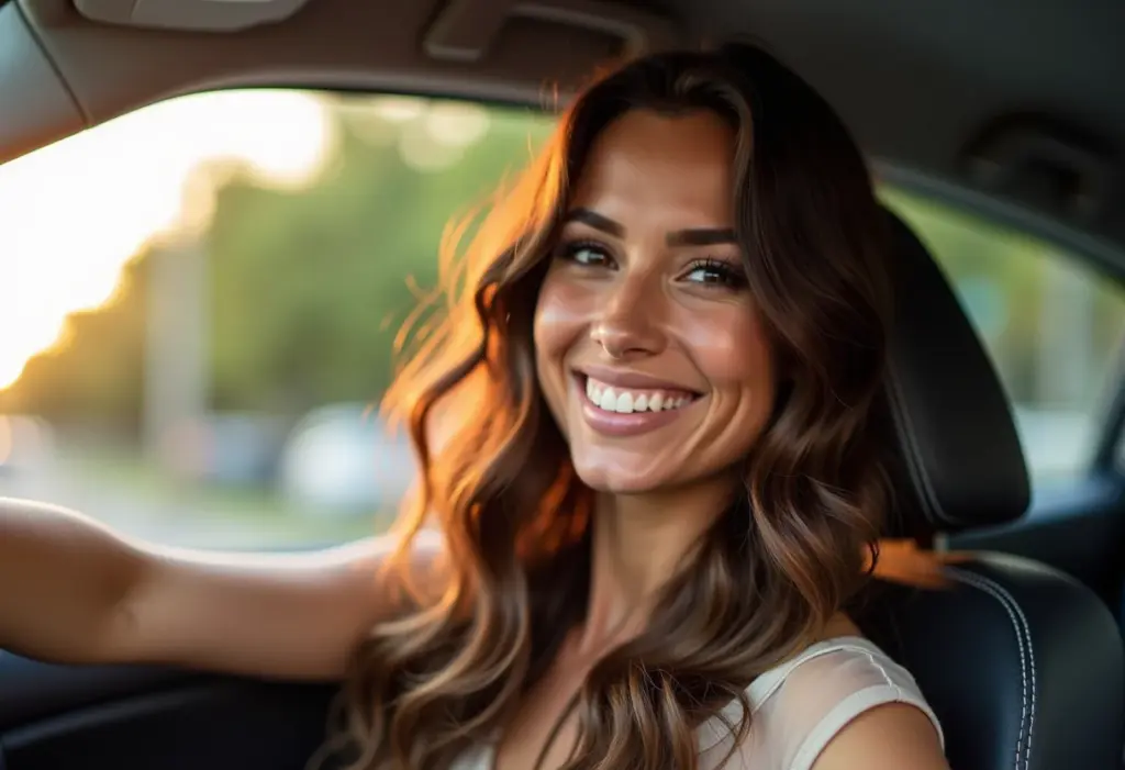 Selfie de mulher sorrindo no carro com cabelo ondulado e luz natural.
