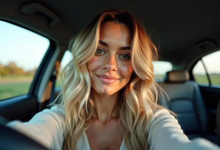 Selfie de mulher sorrindo no carro com corte repicado