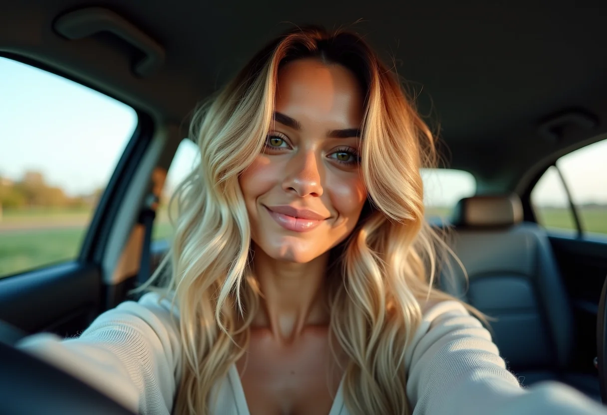 Selfie de mulher sorrindo no carro com corte repicado