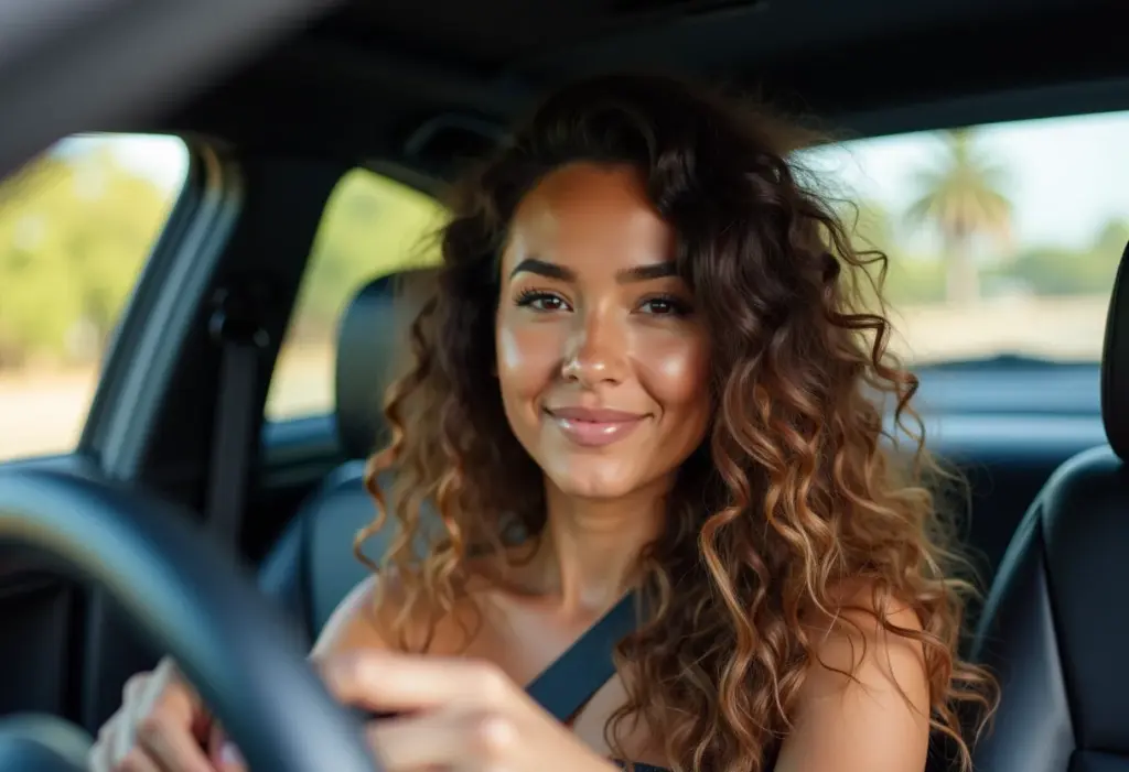 Selfie de uma mulher morena iluminada chocolate dentro do carro, luz natural