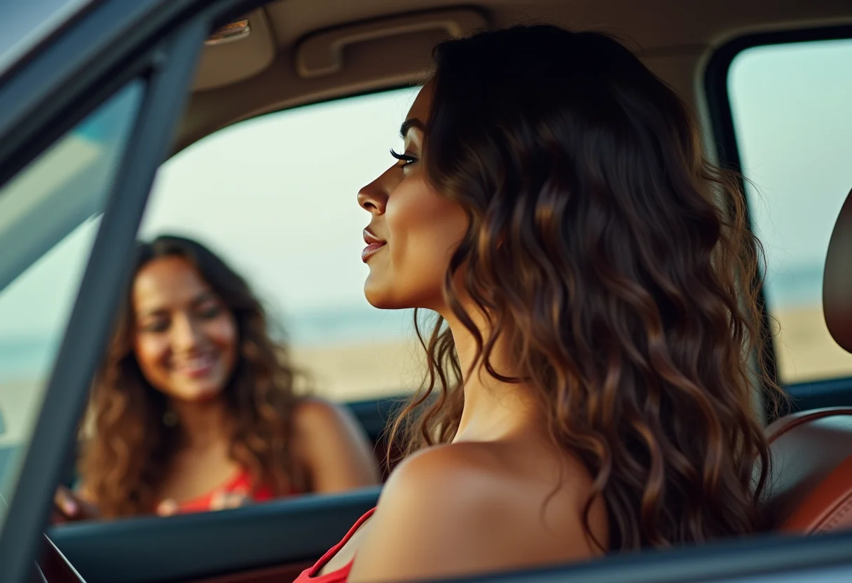 Selfie de uma mulher no carro, ajustando o cabelo no espelho retrovisor.