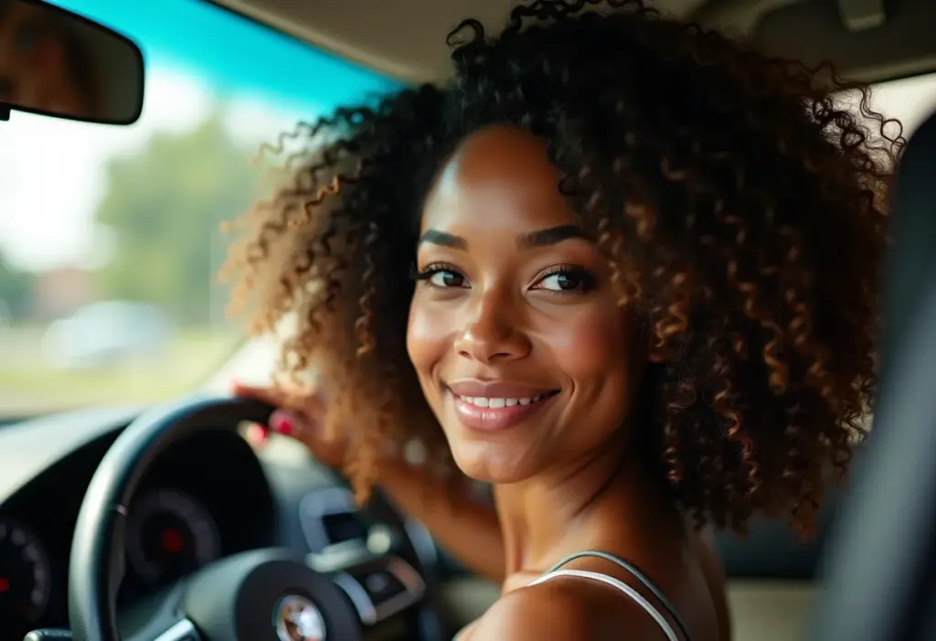 Selfie de uma mulher no carro conferindo seu cabelo ondulado e volumoso no espelho retrovisor.