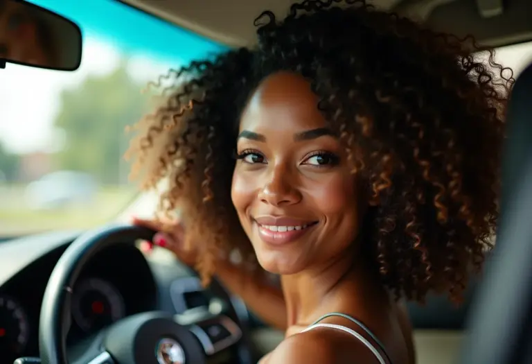 Selfie de uma mulher no carro conferindo seu cabelo ondulado e volumoso no espelho retrovisor.