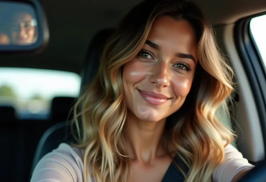 Louro Escuro Imedia Excellence: A nuance sofisticada que ilumina sem danificar Selfie de uma mulher sorrindo no carro com cabelo louro escuro impecável.