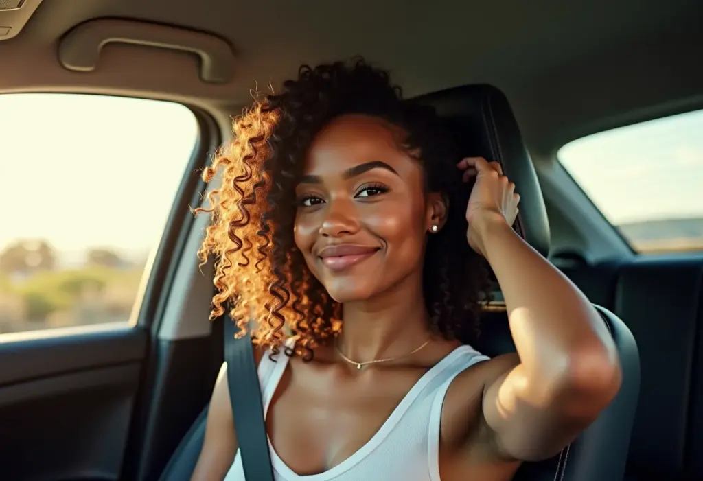 Selfie de uma mulher sorrindo no carro, exibindo seus cachos 3B definidos e saudáveis.