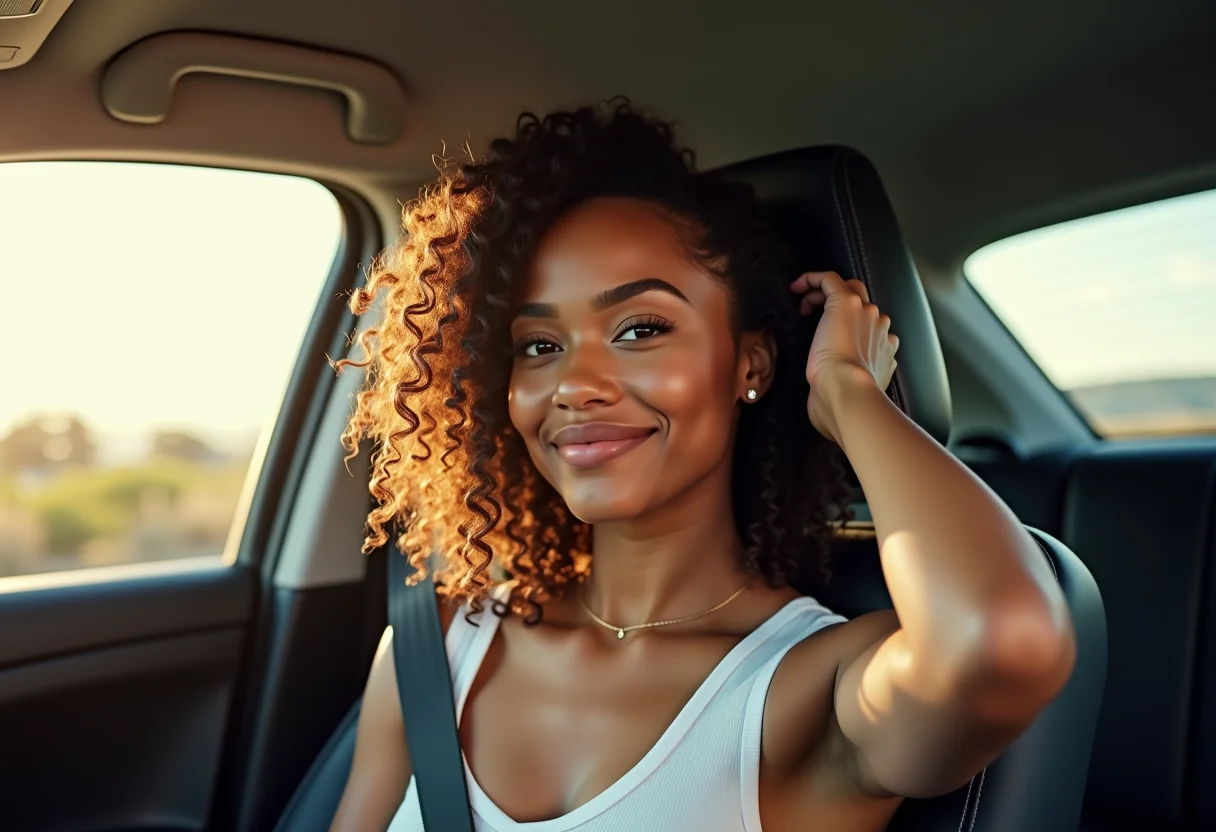 Selfie de uma mulher sorrindo no carro, exibindo seus cachos 3B definidos e saudáveis.