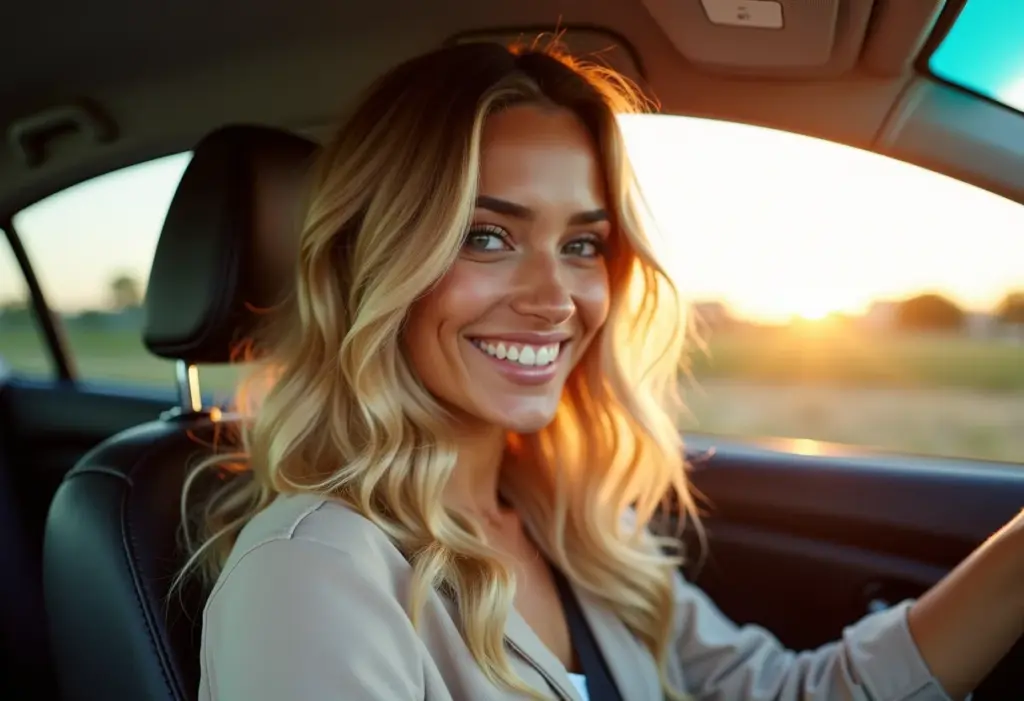 Selfie no carro com cabelo loiro e ondulado