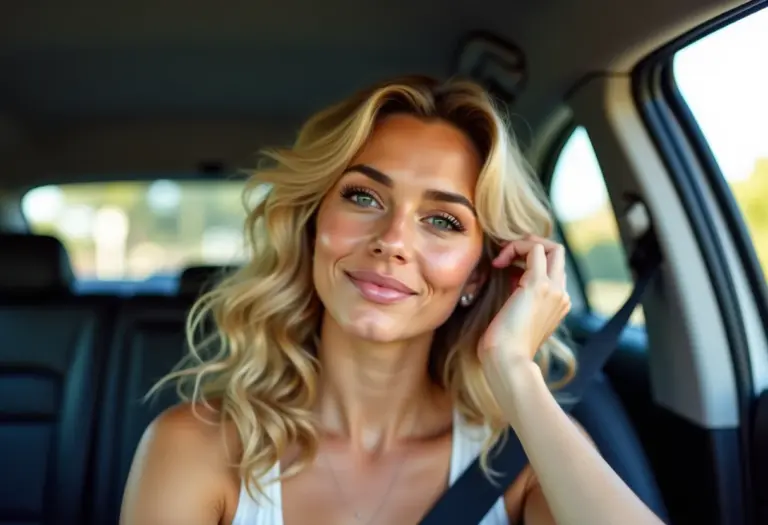 Selfie no carro com cabelo ondulado e luz natural