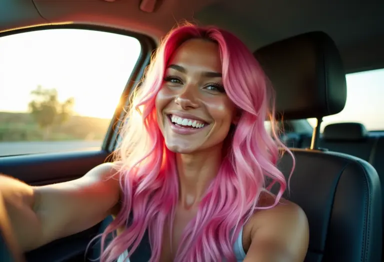 Selfie no carro com cabelo rosa vibrante