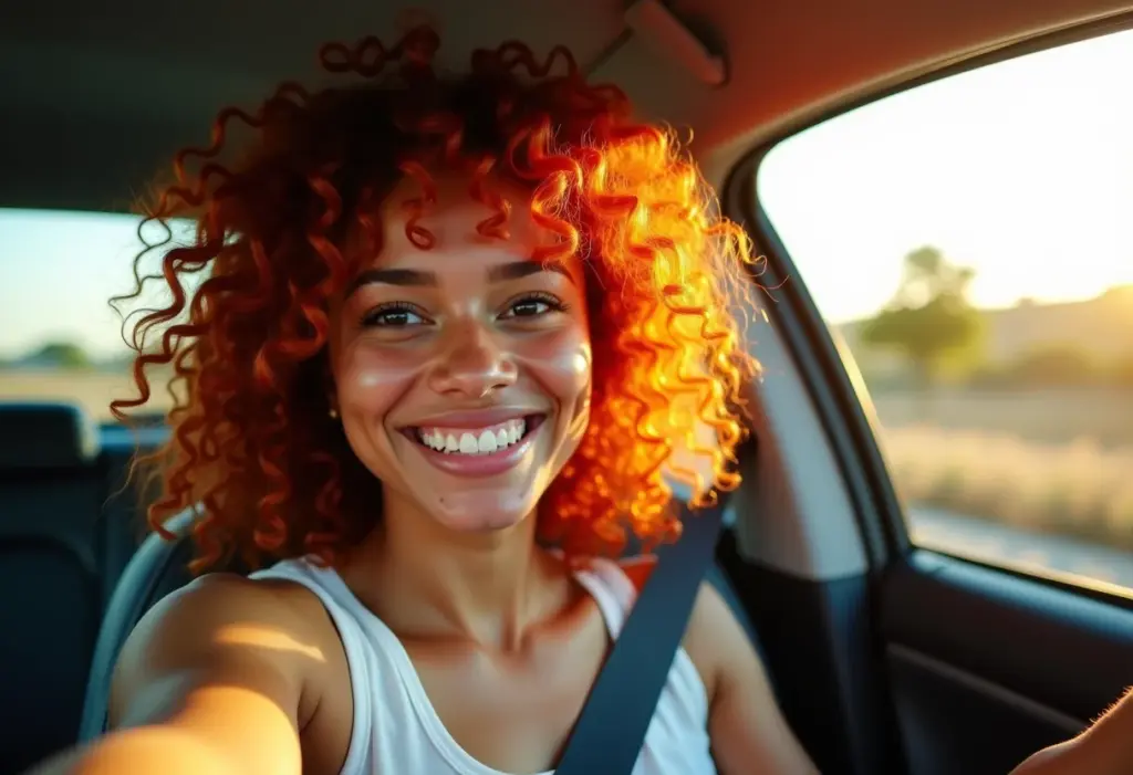 Selfie no carro com cabelo ruivo vibrante