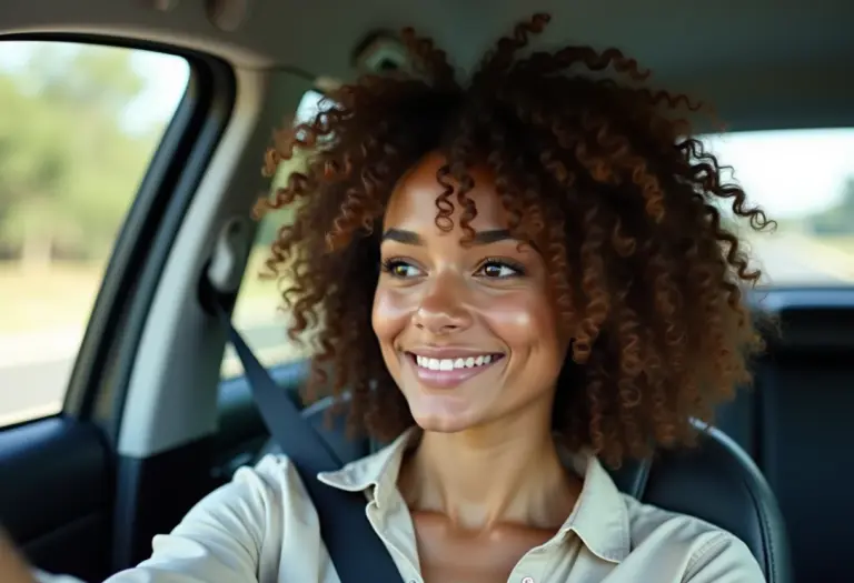 Selfie no carro com cachos definidos