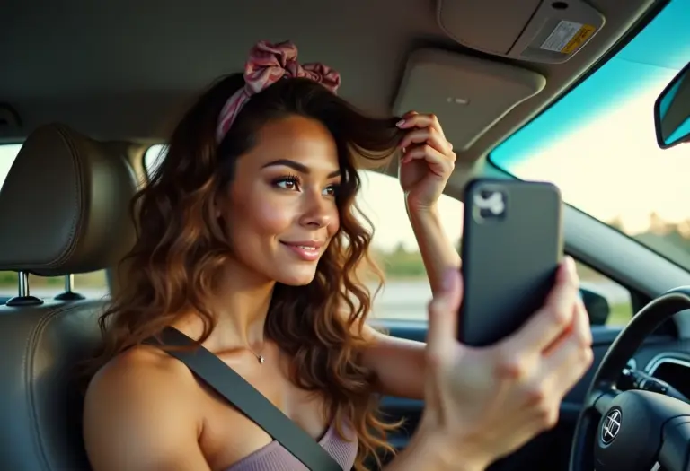 Selfie no carro com scrunchie no cabelo ondulado
