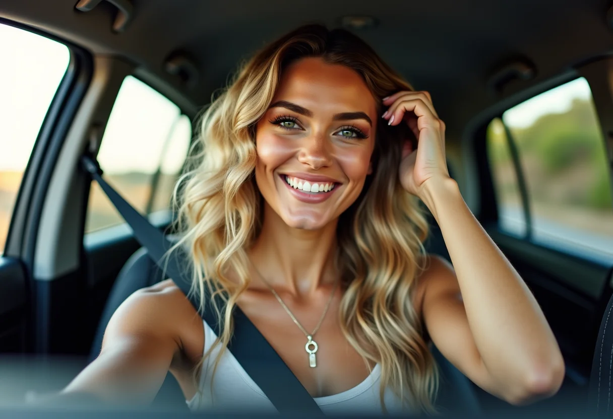 Selfie no carro de mulher loira sorrindo e olhando para o cabelo brilhante