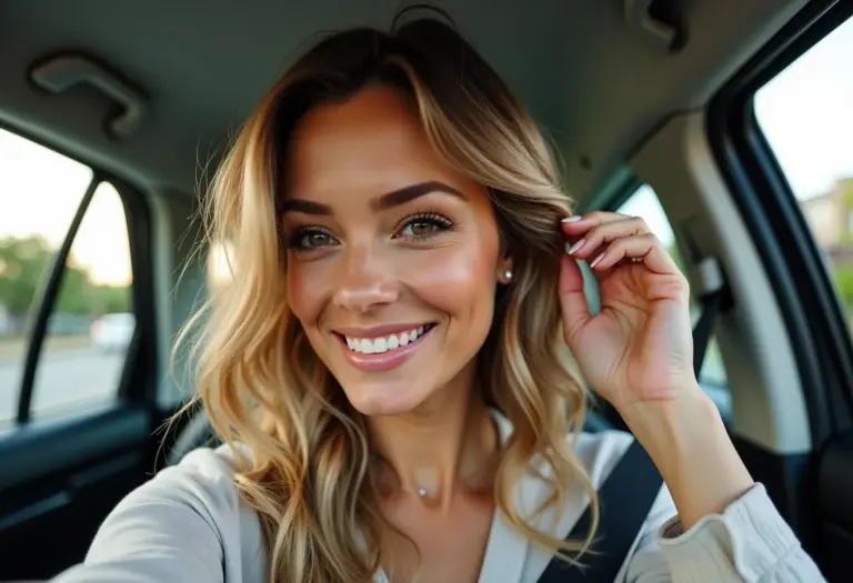 Selfie no carro de mulher sorrindo com cabelo ruivo doce de leite