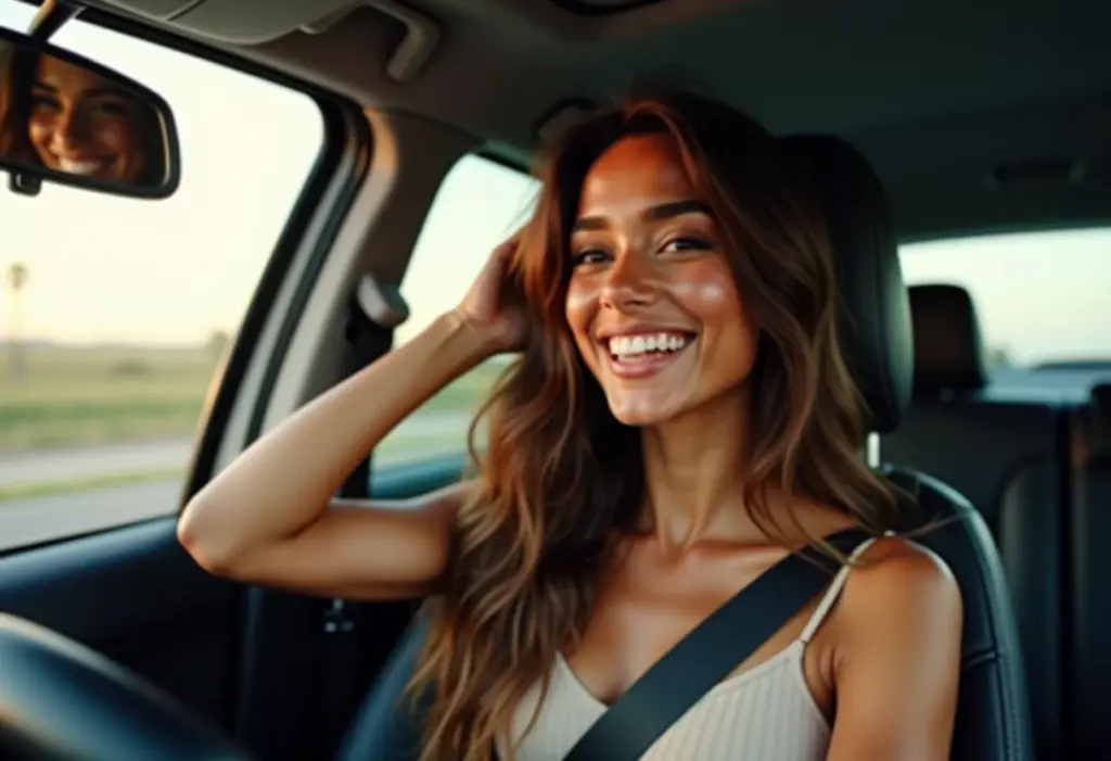 Máscara hidratante vegana e barata: o segredo para um cabelo saudável sem gastar muito Selfie no carro de mulher sorrindo e olhando o cabelo no retrovisor