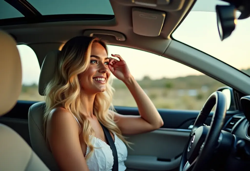Selfie no carro de uma mulher loira verificando o cabelo no espelho retrovisor