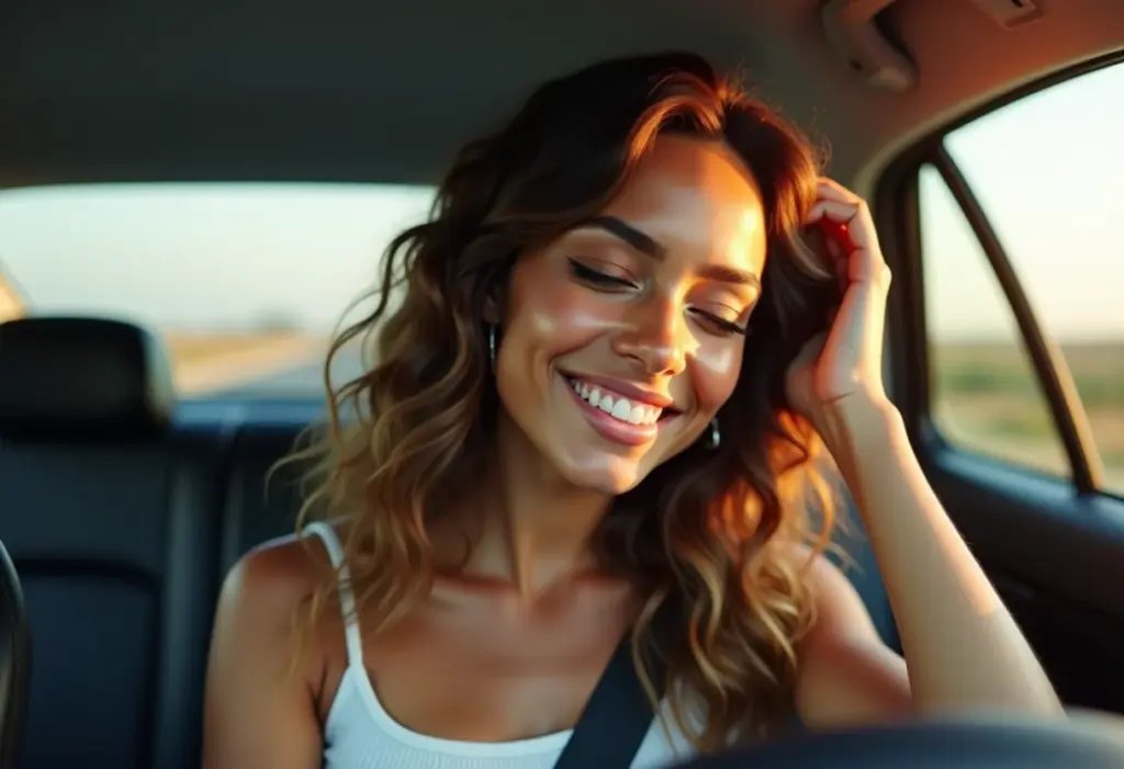 Selfie no carro mostrando cabelo com umectação de óleo de coco