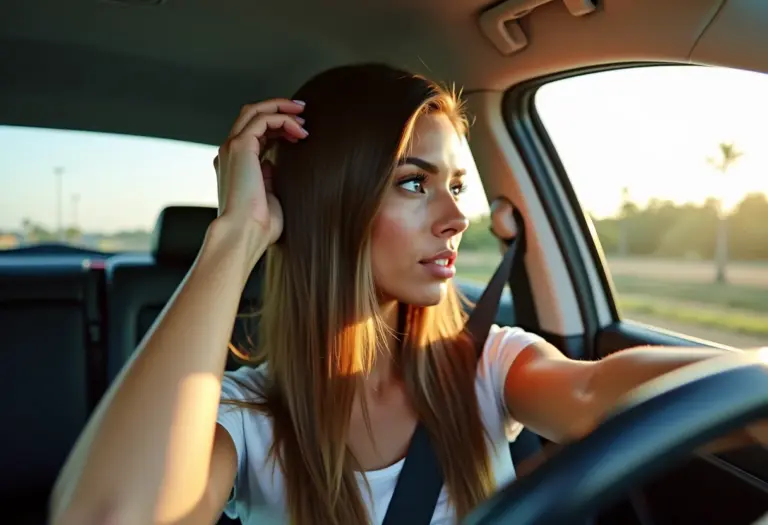 Selfie no carro mostrando cabelo liso e brilhante