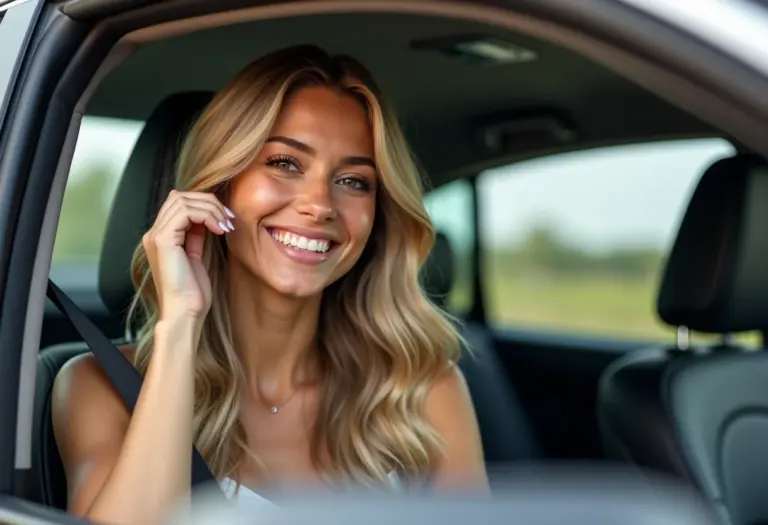 Selfie no carro mostrando cabelo loiro impecável