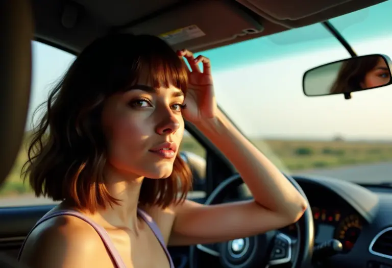 Selfie no carro mostrando o corte chanel desfiado