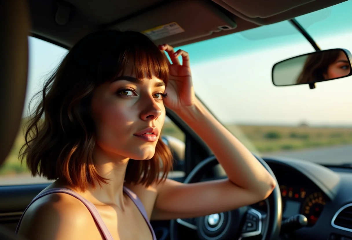 Selfie no carro mostrando o corte chanel desfiado