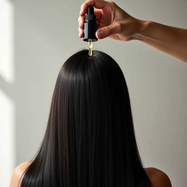Sérum capilar sendo aplicado em cabelo liso e preto.