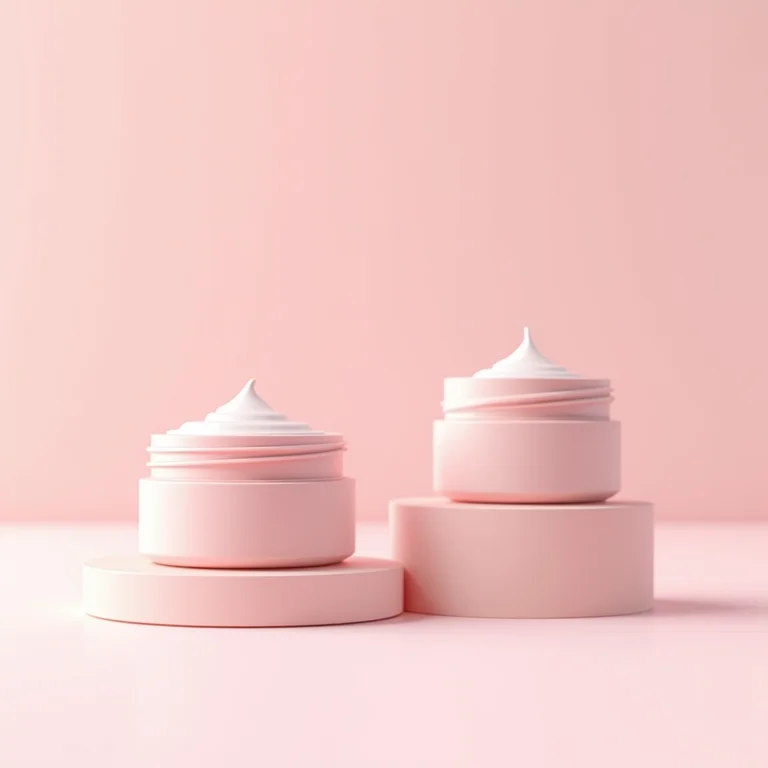 Still life minimalista de potes de máscara capilar colorida.