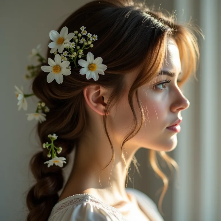 Trança lateral com flores brancas