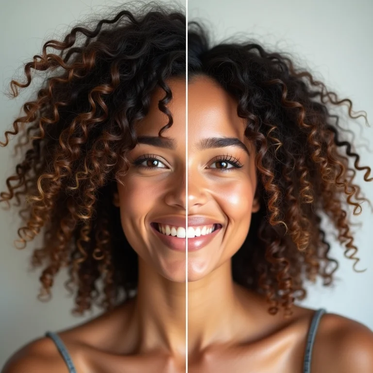 Transformação capilar de uma mulher em transição, antes e depois do condicionador low poo