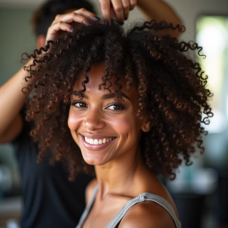 Transformação de cabelo cacheado em liso