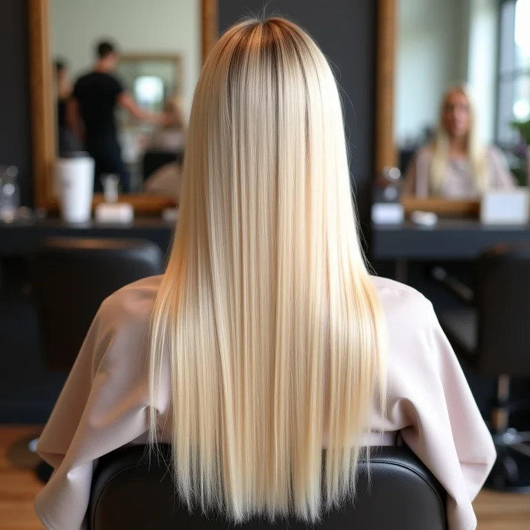 Traseira de mulher loira com cabelo comprido e corte geométrico