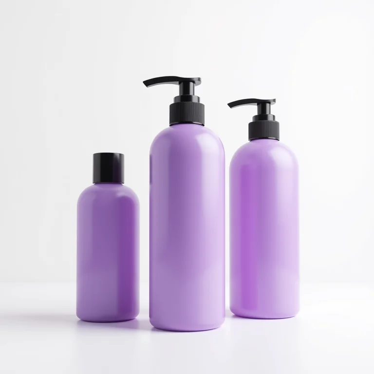 Três frascos de shampoo matizador roxo em fundo branco