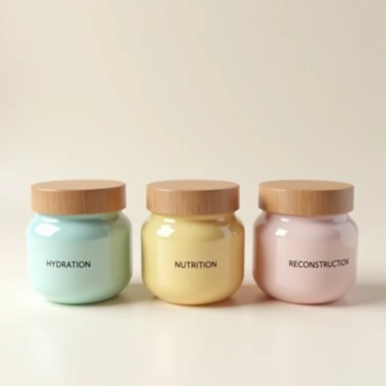 Três potes de máscara capilar com rótulos diferentes