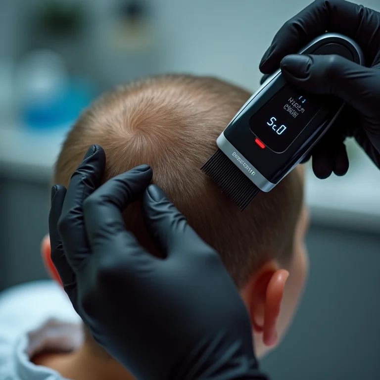 Tricologista examinando couro cabeludo com pente fino elétrico